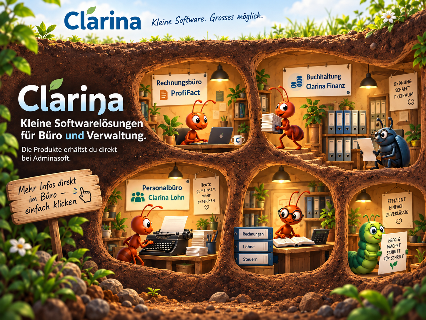 Clarina Bürowelt mit drei unterirdischen Büros für Rechnungen, Buchhaltung und Personal.