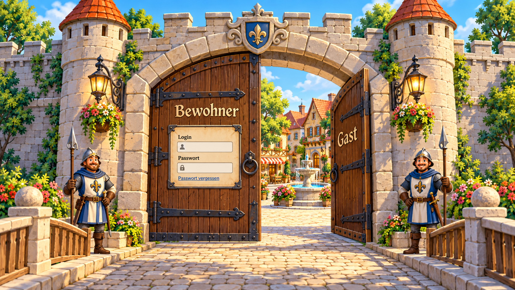 Freundliche Wachen am Stadttor. Bewohner melden sich links an, Gäste treten rechts ein.