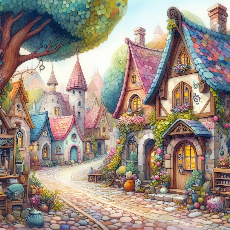 Fantasievolle, freundlich illustrierte Spielstadt mit kleinen Häusern
